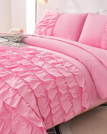 Pink Comforter Set Twin, 5-Piece Bed in a Bag Twin for Teen Girls, Pink Ruffle Bedding Set for Girls Kids, Teen Girls Bedding Sets,Princess Dress Comforter for All Season - LeafyLoom