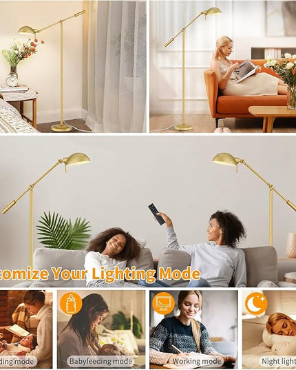 Gold Floor Lamp with Remote Control and Stepless Dimmable Color Temperature and Brightness Reading Standing Lamp with Adjustable Swing Arm for Living Room Bedroom Office, 9W Bulb Included - LeafyLoom