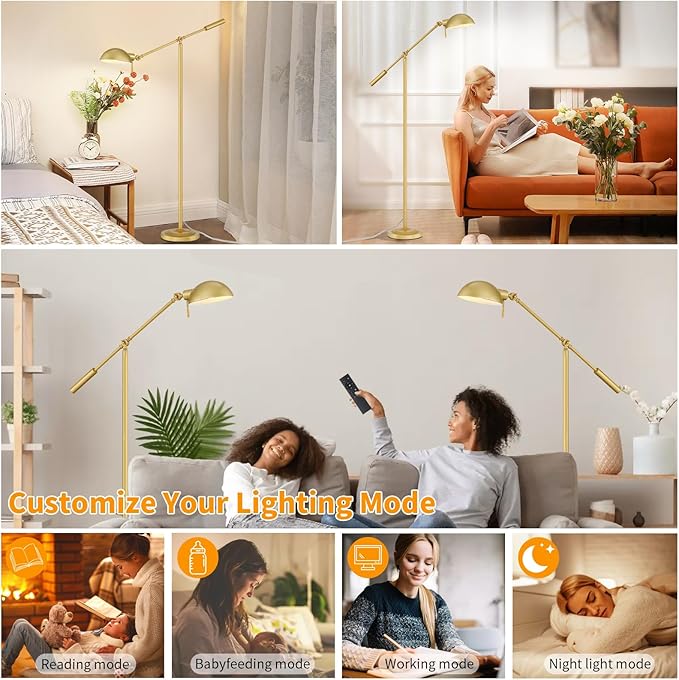 Gold Floor Lamp with Remote Control and Stepless Dimmable Color Temperature and Brightness Reading Standing Lamp with Adjustable Swing Arm for Living Room Bedroom Office, 9W Bulb Included - LeafyLoom