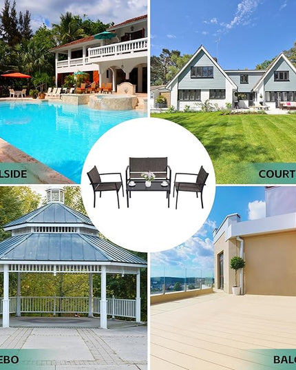 4 Pieces Patio Furniture Set Outdoor Garden Patio Conversation Sets Poolside Lawn Chairs with Tempered Glass Coffee Table Loveseat Porch Furniture Textilene Fabric Brown - LeafyLoom