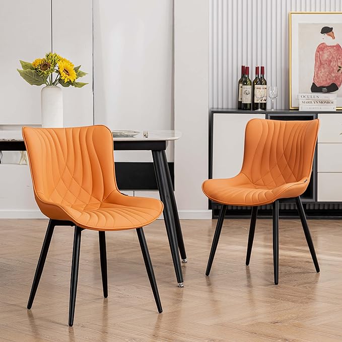 YOUTASTE Camel Dining Chairs Set of 2 Upholstered Mid Century Modern Kitchen Dining Room Chairs Armless Faux Leather Accent Chairs Metal Vanity Lounge Chair with Back for Living Room Bedrooms - LeafyLoom