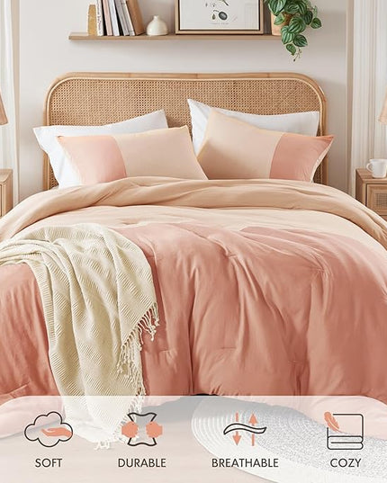 Pink Twin Comforter Set - Modern Soft Farmhouse Bedding for Teen Girls, Kids Colorblock Pattern Bed Sets for All Season, 2 Pieces includes 1 Comforter, 1 Sham (66"x 90") - LeafyLoom