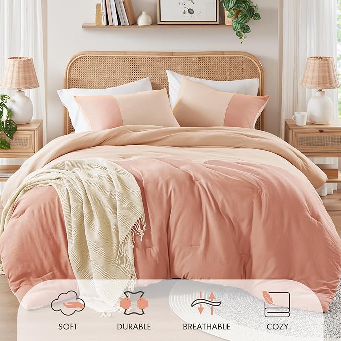 Pink Twin Comforter Set - Modern Soft Farmhouse Bedding for Teen Girls, Kids Colorblock Pattern Bed Sets for All Season, 2 Pieces includes 1 Comforter, 1 Sham (66"x 90") - LeafyLoom