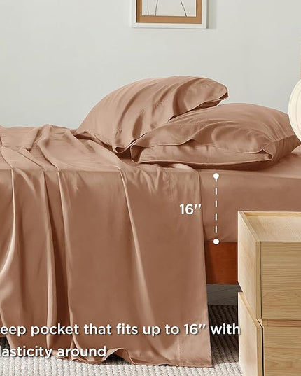 Bedsure King Size Sheet Set, Cooling Sheets King, Rayon Derived from Bamboo, Deep Pocket Up to 16", Breathable & Soft Bed Sheets, Hotel Luxury Silky Bedding Sheets & Pillowcases, Taupe - LeafyLoom