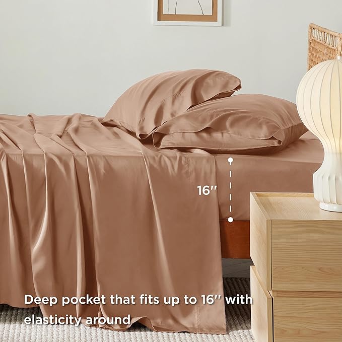 Bedsure King Size Sheet Set, Cooling Sheets King, Rayon Derived from Bamboo, Deep Pocket Up to 16", Breathable & Soft Bed Sheets, Hotel Luxury Silky Bedding Sheets & Pillowcases, Taupe - LeafyLoom