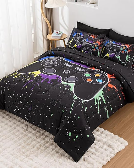 8Pcs Gamer Comforter Set with Sheets for Boys Girls Kids Teens, Colorful Graffiti Gaming Themed Bed in A Bag Twin Size, Black 3D Video Game Controller Bedroom Decor Bedding Set-Black - LeafyLoom