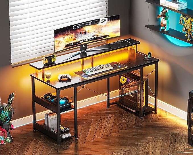 ODK 55 inch Gaming Desk with LED Lights & Power Outlets, Computer Desk with Monitor Stand & Storage Sheves, CPU Stand, Home Office Desk, Black - LeafyLoom