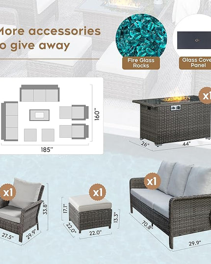 Yechen Patio Conversation Set 12 Seats with 44" Propane Gas Fire Pit Table - 9 Pcs Outdoor Wicker Furniture Set with Lid & Wind Shields - Sectional Sofa Set for Porch,Backyard - LeafyLoom