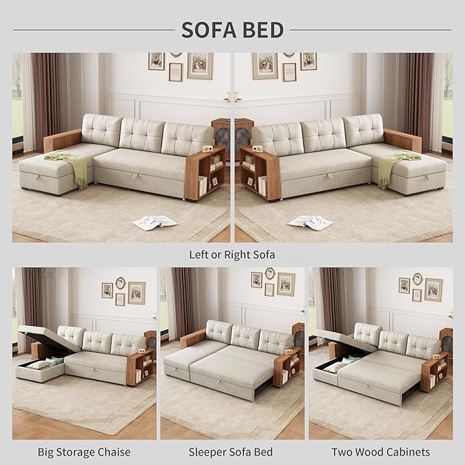 84" Sectional Sleeper Storage Chaise,L Shaped Pull Out Couch with Cabinet,Convertible Corner Sofa Bed W/ 3 Back Cushions for Living Room,Office,Apartment,Small Spaces,Beige - LeafyLoom