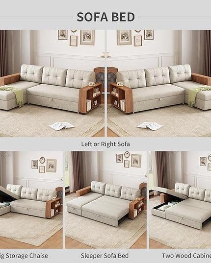 Convertible L Shaped Pull Out Couch with Storage Chaise and Wood Cabinet Armrests,Sectional Sleeper Sofa Bed W/ 3 Removable Back Cushions for Living Room,Office,Apartment,Beige,84" - LeafyLoom