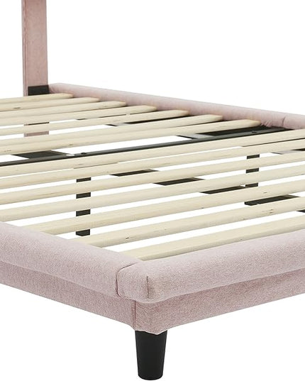 Full Size Linen Upholstered Bed with Light Stripe,Floating Platform Beds,w/Headboard and Wooden Slats Support,for Apartment,Bedroom,Living Room,Easy Assembly,Pink - LeafyLoom