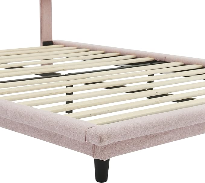 Full Size Linen Upholstered Bed with Light Stripe,Floating Platform Beds,w/Headboard and Wooden Slats Support,for Apartment,Bedroom,Living Room,Easy Assembly,Pink - LeafyLoom