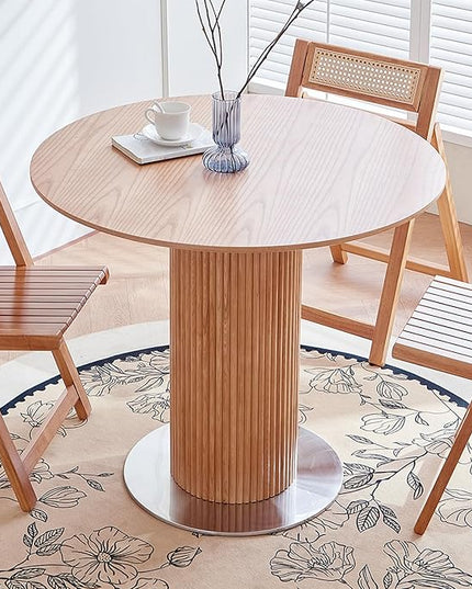 Round Wood Dining Table，Wooden Trestle Pedestal Base on Stainless Steel Plate，Small Space Kitchen Table，34.25" Modern Circular Tabletop for Kitchen, Dining Room, Restaurant，Cafe (Natural) - LeafyLoom