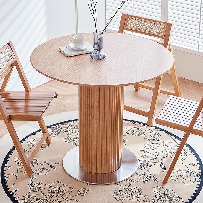 Round Wood Dining Table，Wooden Trestle Pedestal Base on Stainless Steel Plate，Small Space Kitchen Table，34.25" Modern Circular Tabletop for Kitchen, Dining Room, Restaurant，Cafe (Natural) - LeafyLoom