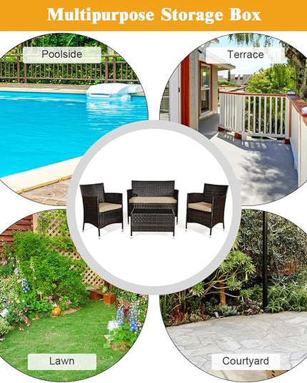 Goplus 4-Piece Rattan Patio Set, Outdoor/Indoor Wicker Conversation Set for Pool, Backyard, Lawn, Wicker Chairs and Sofa with Soft Cushion, Rattan Furniture with Tempered Glass Coffee Table - LeafyLoom
