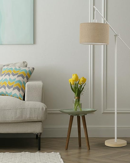 Globe Electric Serena 66" Floor Lamp, Matte White, Faux Wood Accents, Jute Shade, Dimmable Rotary Switch on Socket - LeafyLoom