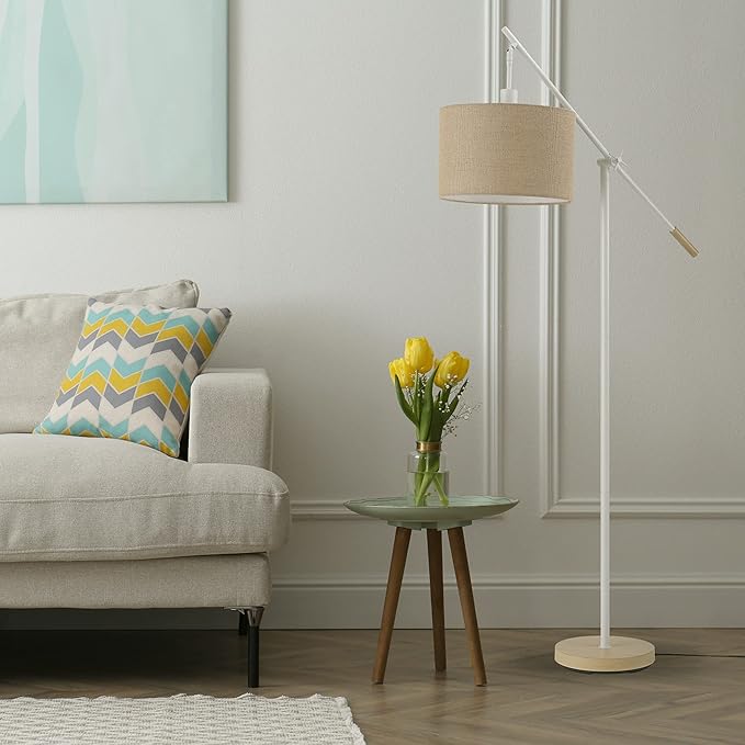 Globe Electric Serena 66" Floor Lamp, Matte White, Faux Wood Accents, Jute Shade, Dimmable Rotary Switch on Socket - LeafyLoom