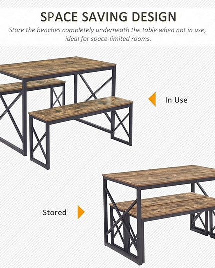VECELO Kitchen Table with 2 Benches for 4, Wood Dining Room Dinette Sets with Metal Frame for Breakfast Nook and Small Space, 43.3", Brown - LeafyLoom