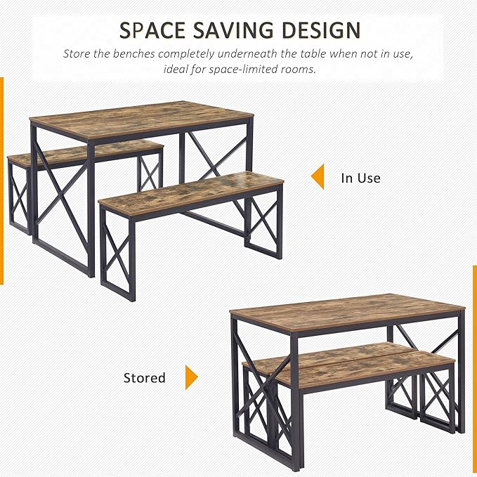 VECELO Kitchen Table with 2 Benches for 4, Wood Dining Room Dinette Sets with Metal Frame for Breakfast Nook and Small Space, 43.3", Brown - LeafyLoom