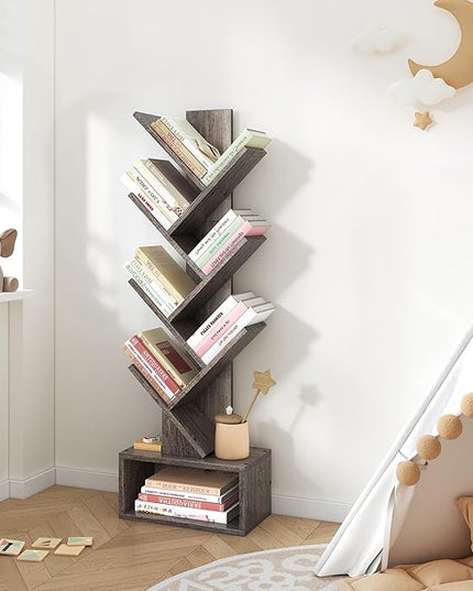 Hoctieon 6 Tier Tree Bookshelf, Tall Bookcase with Drawer, Freestanding Book shelf, Display Floor Standing Storage Shelf, Book Organizer Shelves for Home Office, Living Room, Bedroom, Grey - LeafyLoom