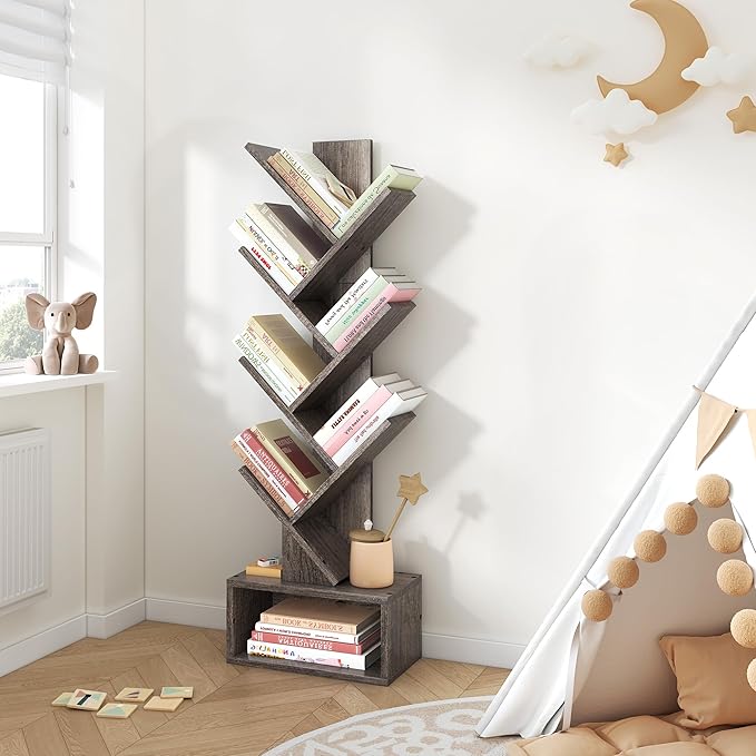 Hoctieon 6 Tier Tree Bookshelf, Tall Bookcase with Drawer, Freestanding Book shelf, Display Floor Standing Storage Shelf, Book Organizer Shelves for Home Office, Living Room, Bedroom, Grey - LeafyLoom