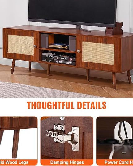 VEVOR Rattan TV Stand, Mid Century Modern TV Stand for 65 inch TV, Boho Rattan TV Cabinet with Build-in Socket and USB Ports, Adjustable Shelfs for Living Room, Media Room, Walnut - LeafyLoom