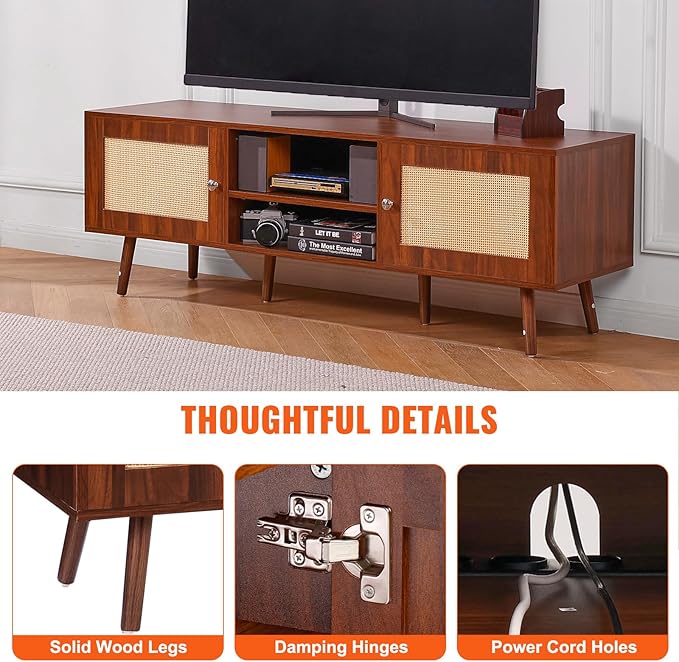 VEVOR Rattan TV Stand, Mid Century Modern TV Stand for 65 inch TV, Boho Rattan TV Cabinet with Build-in Socket and USB Ports, Adjustable Shelfs for Living Room, Media Room, Walnut - LeafyLoom