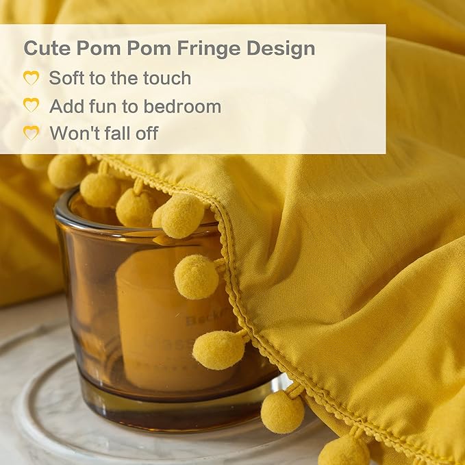 Litanika King Size Comforter Set Mustard Yellow,3 Pieces Mustard Yellow Boho Pom Pom Lightweight Bed Comforter, All Season Soft Bedding Comforter Sets (1 Comforter 104x90 Inch, 2 Pillowcases) - LeafyLoom