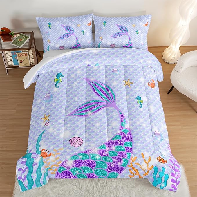 HOSIMA Mermaid Tail Comforter Set 3Pcs with 2 Pillowcases,Purple Fish Scales Bedding Set for Girls Kids Women,Cartoon Ocean Life Sea Animal Queen Comforter Set Mermaid Room Decor - LeafyLoom