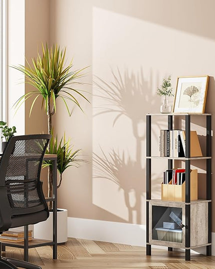 TUTOTAK 4 Tier Bookcase and Bookshelf, Narrow Book shelf with Door for Small Space, for Living Room, Office, Study, Entryway, Greige BS03BG004 - LeafyLoom