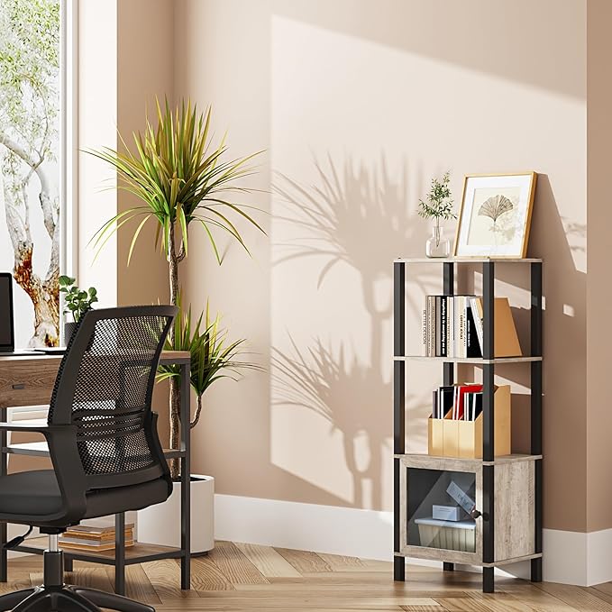 TUTOTAK 4 Tier Bookcase and Bookshelf, Narrow Book shelf with Door for Small Space, for Living Room, Office, Study, Entryway, Greige BS03BG004 - LeafyLoom