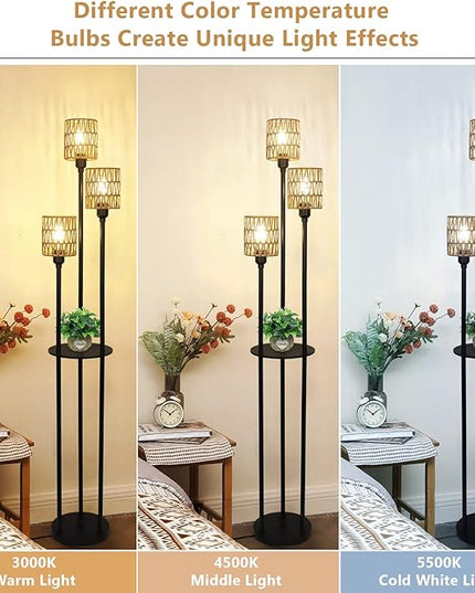 Boho Floor Lamp with Shelves, 3-Lights Farmhouse Tall Floor Lamp with ON/OFF Foot Switch, Rustic Standing Lamp with Rattan Shades for Living Room Bedroom Office - LeafyLoom