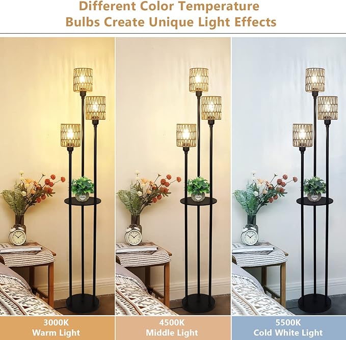 Boho Floor Lamp with Shelves, 3-Lights Farmhouse Tall Floor Lamp with ON/OFF Foot Switch, Rustic Standing Lamp with Rattan Shades for Living Room Bedroom Office - LeafyLoom
