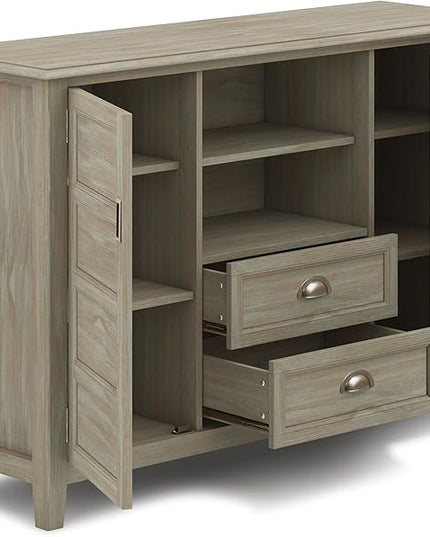 SIMPLIHOME Burlington SOLID WOOD Universal TV Media Stand, 54 inch Wide, Transitional, Living Room Entertainment Center, Storage Shelves and Cabinets, for TVs up to 60 inches in Distressed Grey - LeafyLoom