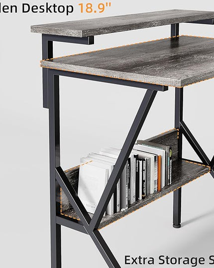 COTUBLR Small Desk, Small Computer Desk for Small Spaces, 27.5 Inch Computer Desk with Adjustable Monitor Stand, Compact Desk with Storage, Tiny Desk Study Desk for Bedroom Home Office, Grey - LeafyLoom