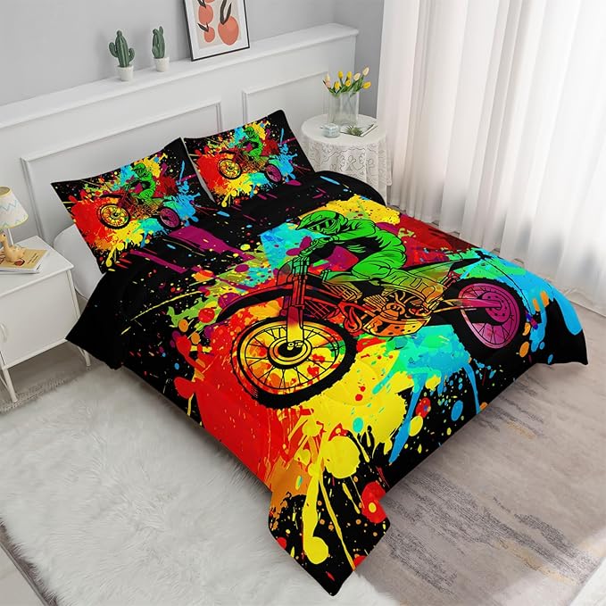 Axolotl Motocross Bedding Set Full,Dirt Bike Comforter Set,Extreme Sports Bedding,Motorcycle Racer Comforter Set Motocross Comforter Motor Vehicles Biker for Boys Kids Teens Men,1 Quilt 2 Pillowcases - LeafyLoom
