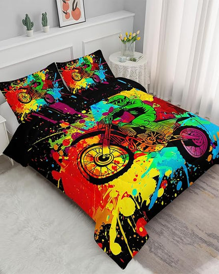 Axolotl Motocross Bedding Set Queen,Dirt Bike Comforter Set,Extreme Sports Bedding,Motorcycle Racer Comforter Set Motocross Comforter Motor Vehicles Biker For Boys Kids Teens Men,1 Quilt 2 Pillowcases - LeafyLoom