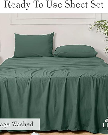 Linen Home Washed Cotton Percale King Sheet Set, Dark Olive, Deep Pocket, 4 Pieces Bed Sheets - 1 Flat Sheet, 1 Fitted Sheet & 2 Envelope Closure Pillowcases, Cool and Comfortable Bed Linen - LeafyLoom