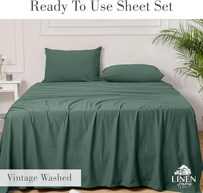 Linen Home Washed Cotton Percale King Sheet Set, Dark Olive, Deep Pocket, 4 Pieces Bed Sheets - 1 Flat Sheet, 1 Fitted Sheet & 2 Envelope Closure Pillowcases, Cool and Comfortable Bed Linen - LeafyLoom