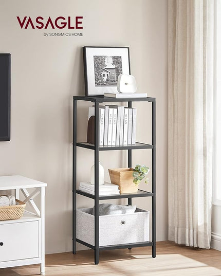 VASAGLE Bookcase, 4-Tier Bookshelf, Slim Shelving Unit for Bedroom, Bathroom, Home Office, Tempered Glass, Steel Frame, Ink Black ULGT028B61 - LeafyLoom