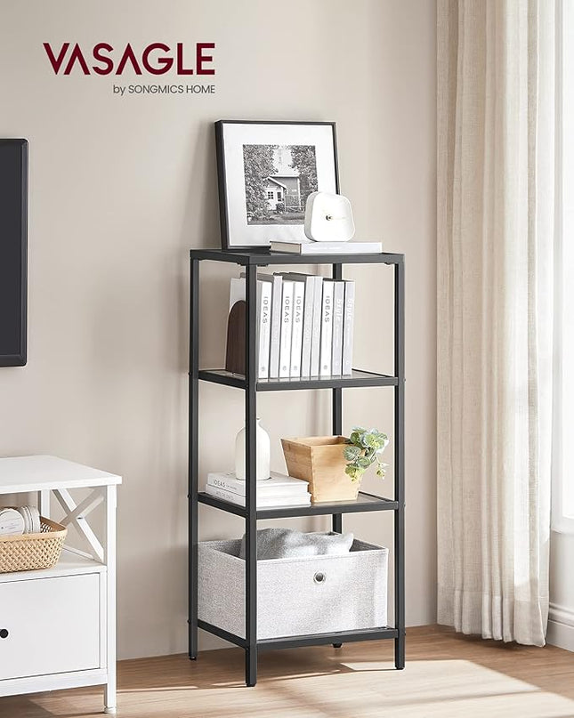 VASAGLE Bookcase, 4-Tier Bookshelf, Slim Shelving Unit for Bedroom, Bathroom, Home Office, Tempered Glass, Steel Frame, Ink Black ULGT028B61 - LeafyLoom