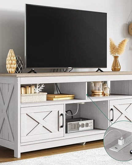 YITAHOME TV Stand for 65 Inch TV with Power Outlet, Farmhouse TV Media Console Table with Storage Cabinets and Open Shelf, Mid Century Modern Entertainment Center for Living Room, Grey White/Grey Wash - LeafyLoom