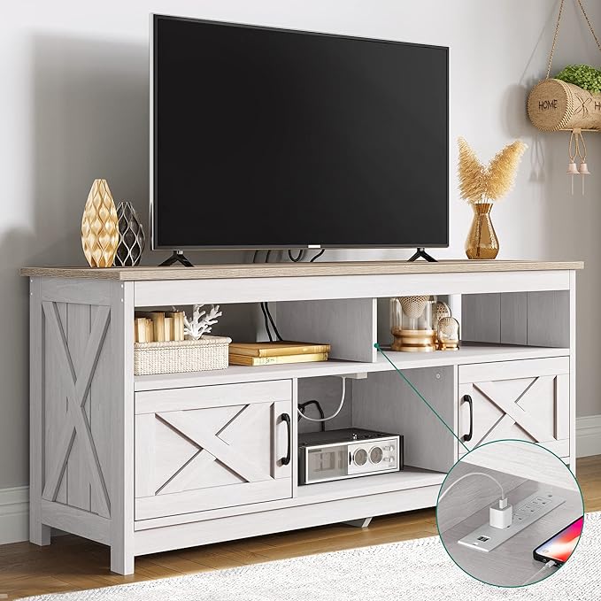 YITAHOME TV Stand for 65 Inch TV with Power Outlet, Farmhouse TV Media Console Table with Storage Cabinets and Open Shelf, Mid Century Modern Entertainment Center for Living Room, Grey White/Grey Wash - LeafyLoom