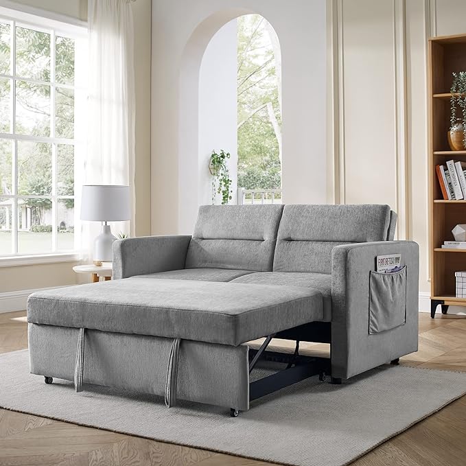 3 in 1 Sleeper Sofa Bed,Contemporary Minimalist Style 2 Seater Loveseat Convertible Sofa&Couch with Pull Out Sofabed and Side Storage Pockets for Home,Office,Apartment,RV Living Room Furniture - LeafyLoom