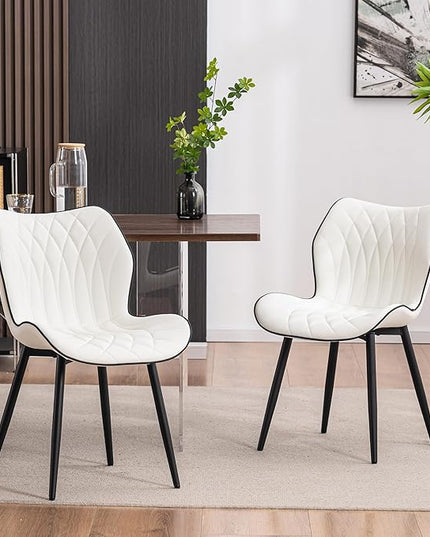 YOUNIKE Dining Chairs Set of 2, Upholstered Faux Leather Dining Room Chairs, Modern Living Room Bedroom Side Chairs with Wide Curved Back and Adjustable Metal Legs, Kitchen Chairs White - LeafyLoom