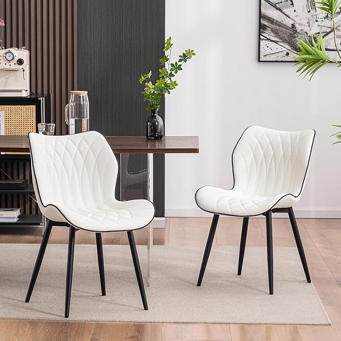 YOUNIKE Dining Chairs Set of 2, Upholstered Faux Leather Dining Room Chairs, Modern Living Room Bedroom Side Chairs with Wide Curved Back and Adjustable Metal Legs, Kitchen Chairs White - LeafyLoom