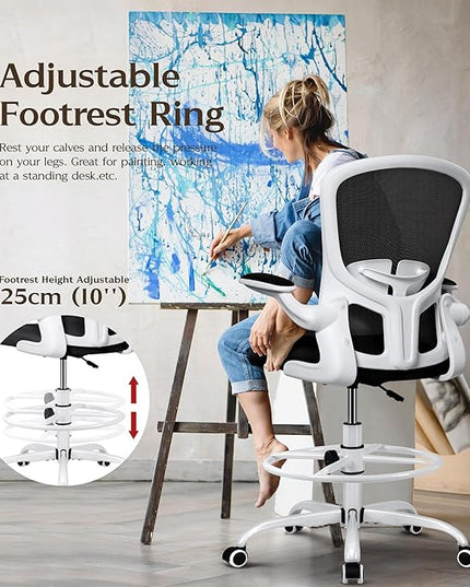 FelixKing Drafting Chair, Tall Office Chairs with Footrest Ring, Home Standing Desk High Chair with Lumbar Support Adjustable Counter Height Ergonomic Swviel Rolling Chairs for Working (White) - LeafyLoom