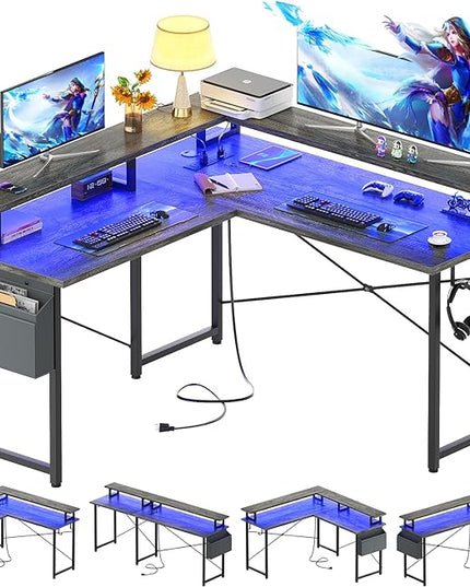 armocity L Shaped Computer Desk with Power Outlets, Gaming Desk L Shaped with LED Lights, Corner Desk with Storage Shelves, Work Study Desk for Bedroom, Home Office Small Spaces, 47'', Grey Oak - LeafyLoom