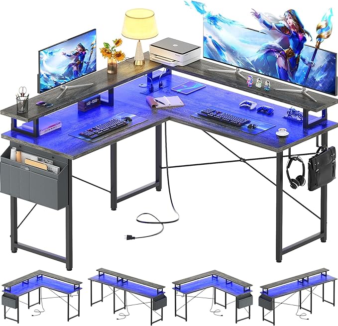 armocity L Shaped Computer Desk with Power Outlets, Gaming Desk L Shaped with LED Lights, Corner Desk with Storage Shelves, Work Study Desk for Bedroom, Home Office Small Spaces, 47'', Grey Oak - LeafyLoom