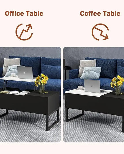 Black Coffee Table with White Lift Top - Modern Industrial Coffee Table with Lifting Top and Hide Compartment Storage - 40 Inch Rectangle Lift Coffee Tables for Living Room - LeafyLoom